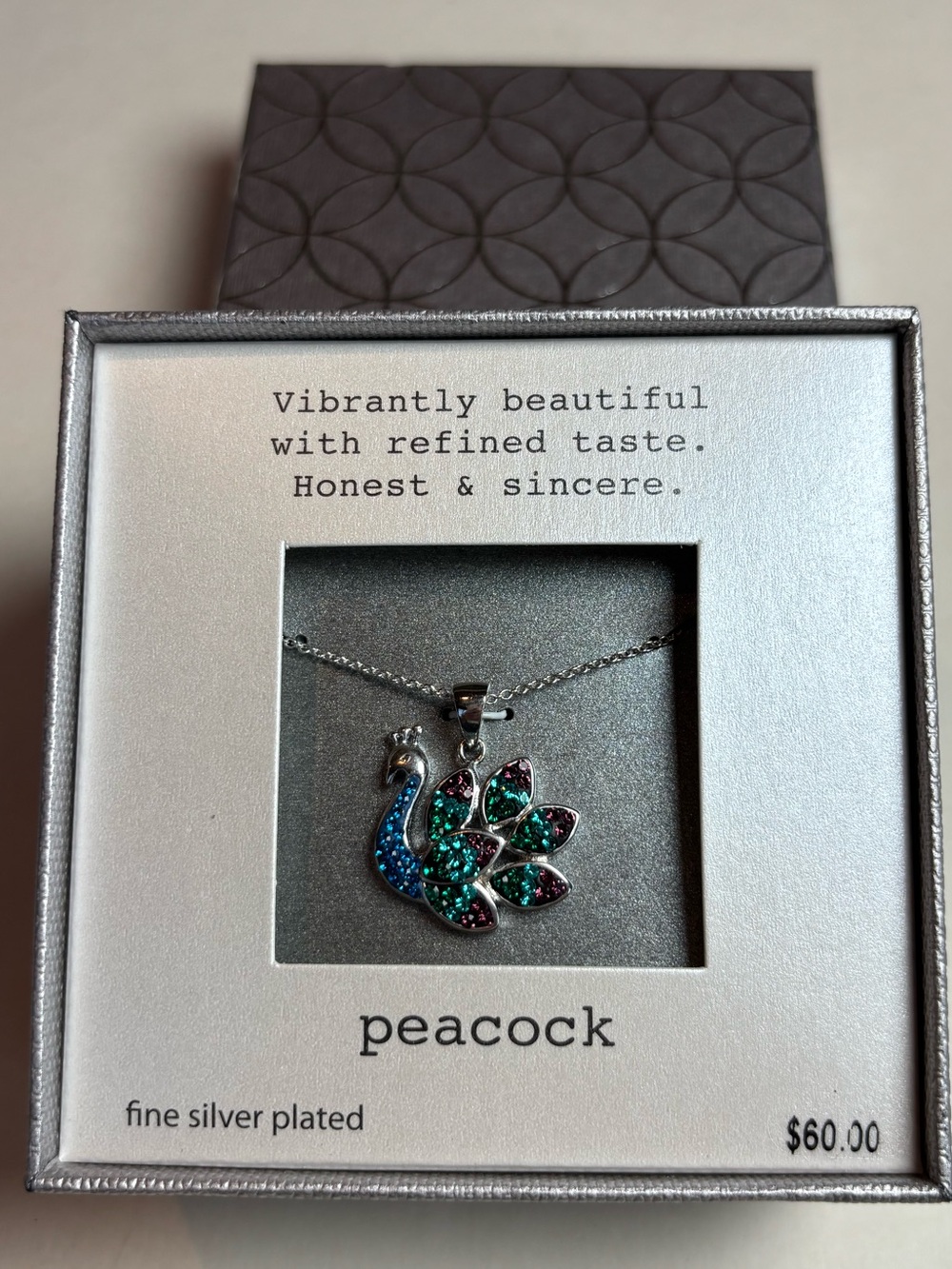 NEW Peacock Fine Silver Plated Crystal Pendant Necklace 18” Blue Green Pink